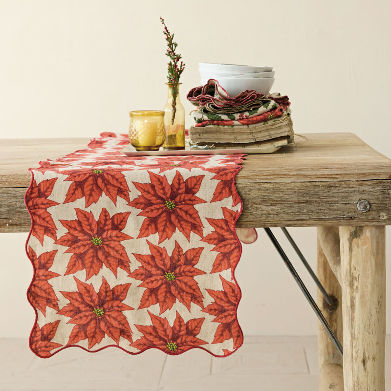 Scalloped Linen Table Runner with Poinsettia Print