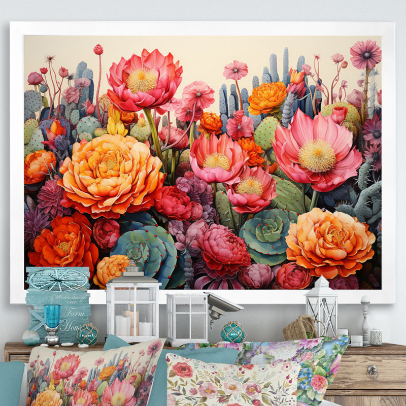 Désert cactus jardin IV - art mural désert, H 24 po x l 32 po x P 1 po, Cadre simple blanc