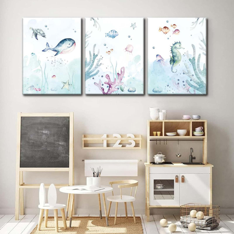 Ocean Nursery Decor, Set Of 3 Room Sea Animal Wall Art Picture Canvas Prints, 12X16 Inch Framed