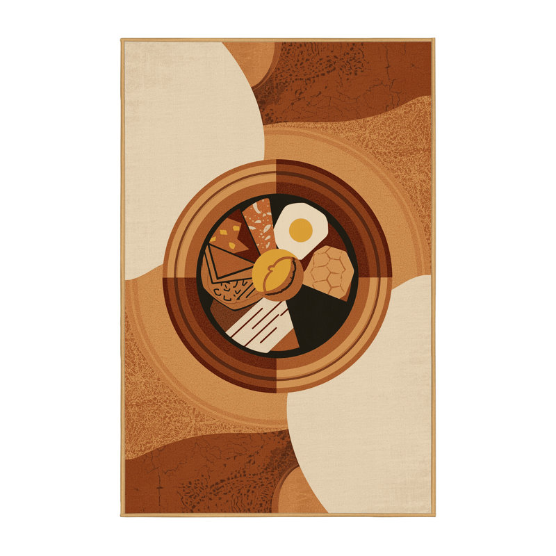 Machine Washable Food And Beverage Bibimbap Bowl Global Inspired Geometric Rug in Brown – LightBrown Binding, 5x7