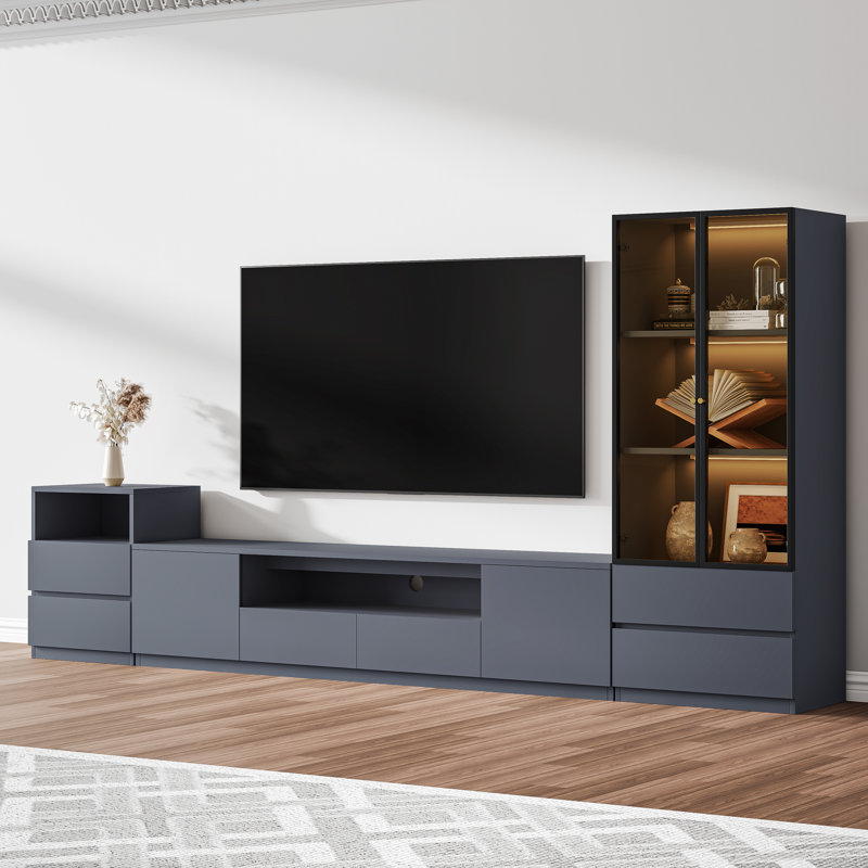 Gray Entertainment Center With Wall Unit Tv Stand, End Table And 3-Tier Glass Display Case With Drawers For Living Room, Modern Wood Media Console Set Of 3 With Storage Up To 75" Tvs