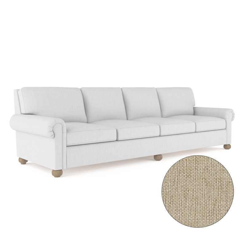 Canapé extra long à panneau roulé avec pieds en oignon Leroy, Naturel, Velours moelleux blanc, H 36 po x l 120 po x P 49 po