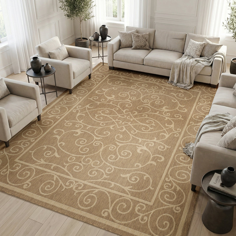 Traditional Floral Scrollwork Indoor / Outdoor Area Rug, Beige, Rectangle 5' x 7'