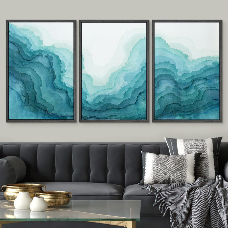 Smoke Effect " Framed Canvas Print Wall Art Set Vibrant Teal Geometric Smoke Wave Abstract Shapes Illustrations Modern Art Decorative Nordic Zen Chic For Living Room, Bedroom, Office " 3 - Pieces
