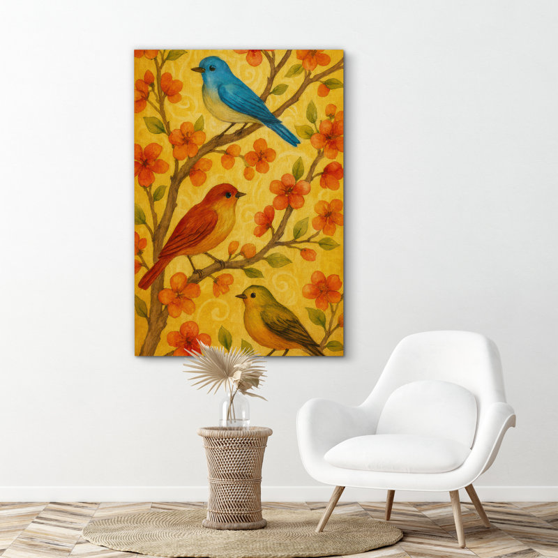 «Colorful Songbirds on Spring Blossoms» sur fond jaune chaleureux - reproduction d'art sur toile encadrée, Toile tendue