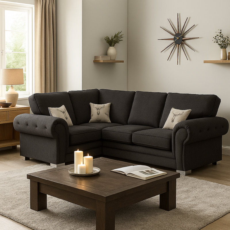 Verona 4 Seater High Back Fabric 2C1 Corner Sofa with Left and Right Configuration, Left Hand Facing, Black