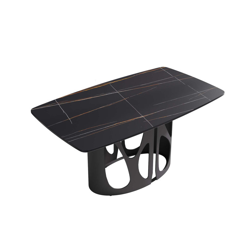 Table de salle à manger rectangulaire moderne en pierre artificielle avec pieds en fer noir, Noir