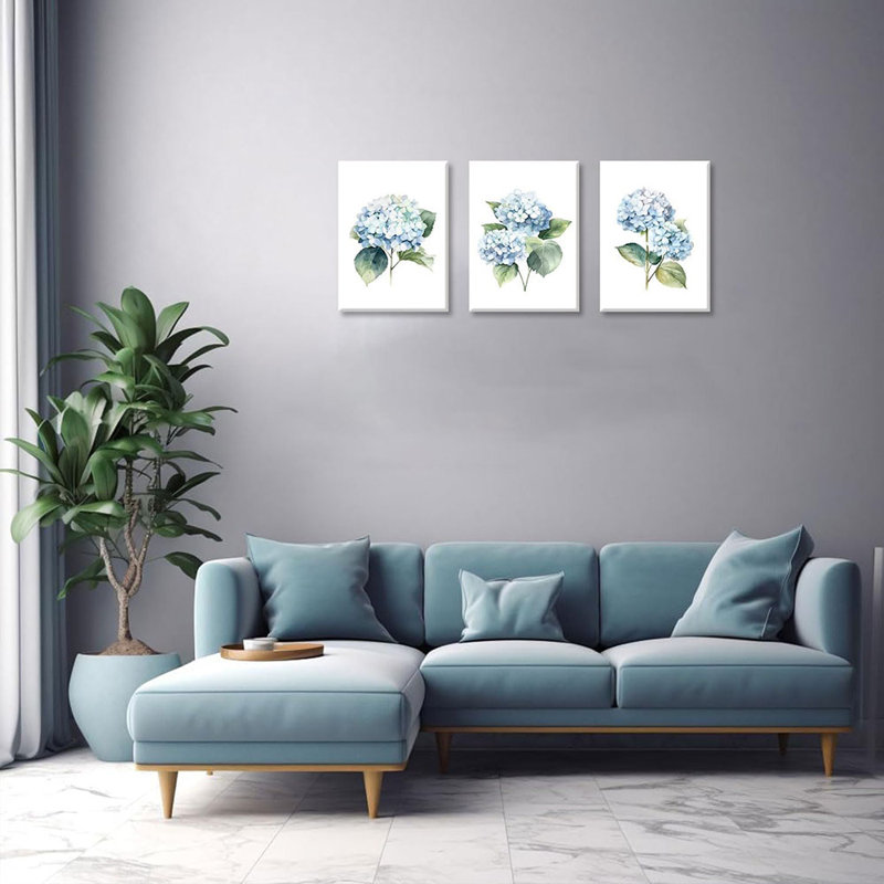 Bloomsbury Market 3 Piece Blue Hydrangea Canvas Wall Art Blue Floral ...