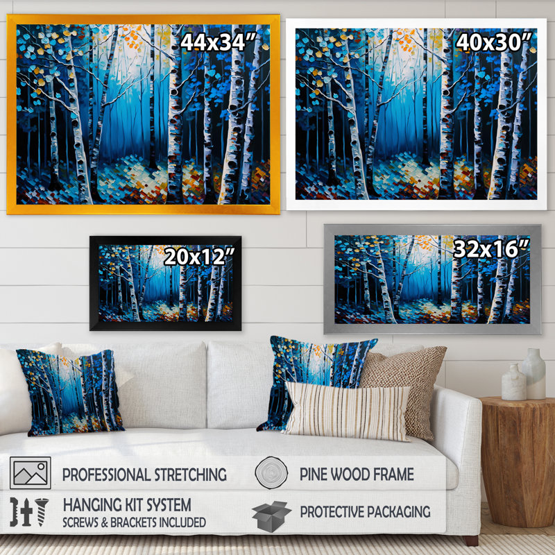 «Blue Birch Forest II», reproduction sur toile, Cadre noir, H 24 po x l 32 po x P 1 po