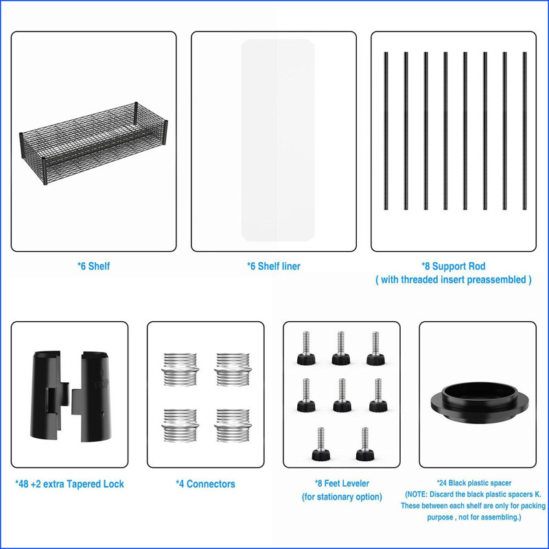 Étagères grillagées, paquet de 2, capacité de 1050 lb réglable à 3 niveaux, H 48 po x L 48 po x P 18 po | Noir | Fer + plastique