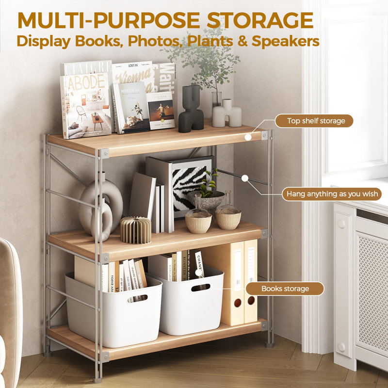 Industrial Style Wooden Bookcase With Fixed Shelves, (3 Shelves) 35"H x 24"W x 12"D, Natural/Silver