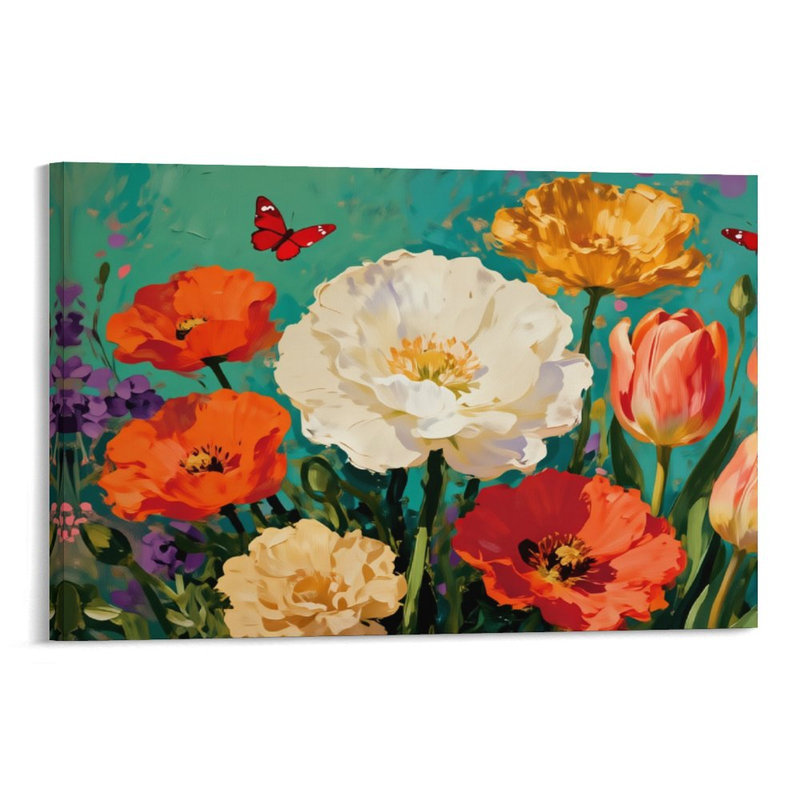 Bouquet de fleurs de couleur audacieuse, cadre arrière en bois intégré, art mural, l 36 po x L 24