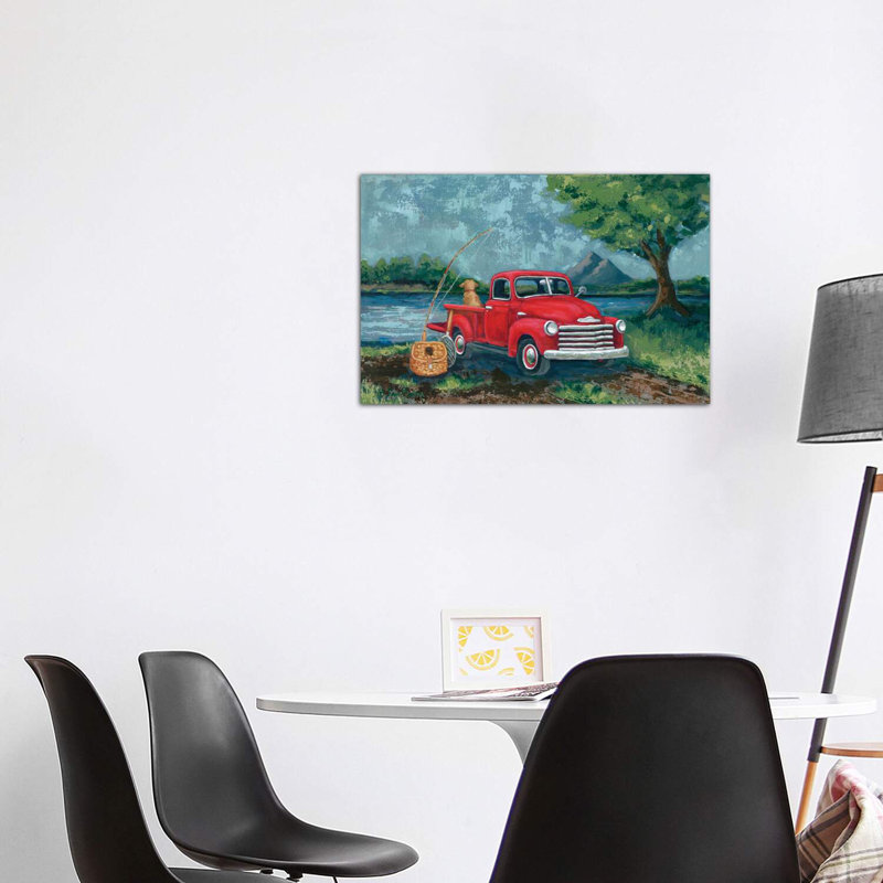 Red Truck Fishing Buddy by Sara Baker - Wrapped Canvas Painting, 101.6 cm H x 66.04 cm W x 3.175 cm D