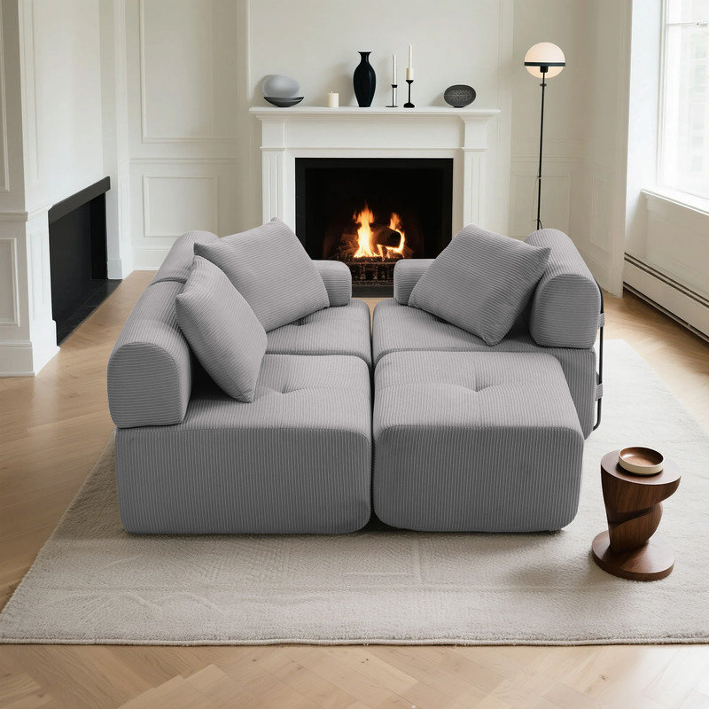 Boneless Convertible Modular L-Shaped Sectional Sofa Bed, Gray Corduroy