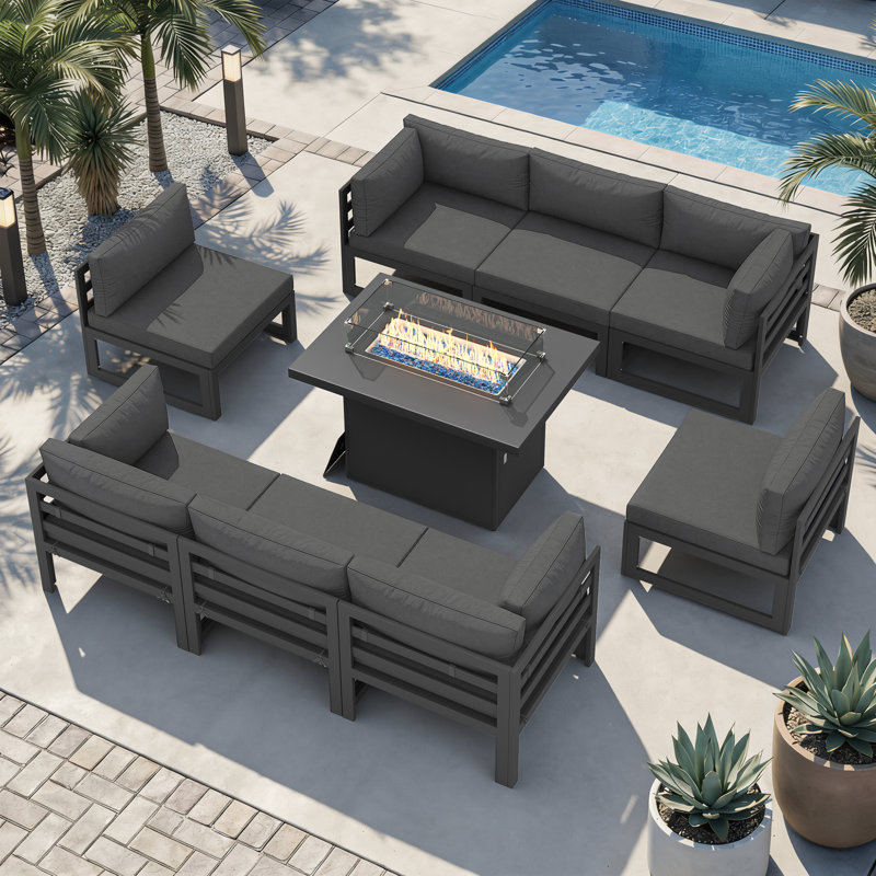 Anevaeh 8-Person Outdoor Patio All-Aluminum Sectional Conversation Set with Fire Pit Table and Cushions, Gray, Dark Gray