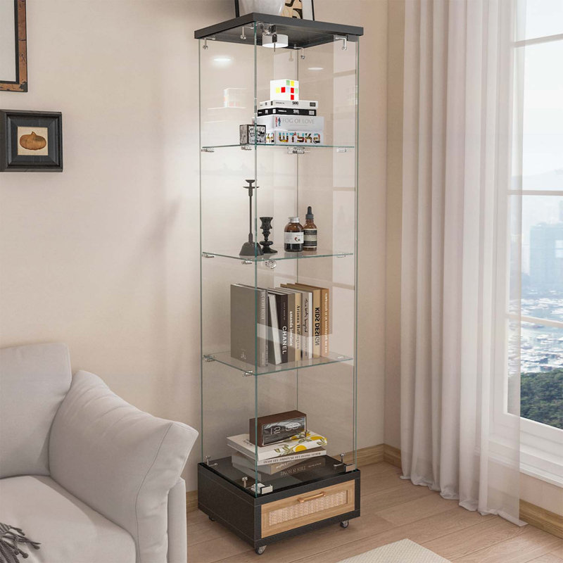 Vitrine moderne en verre avec tiroir, lumières DEL et tablettes en verre trempé pour un rangement et une présentation élégants