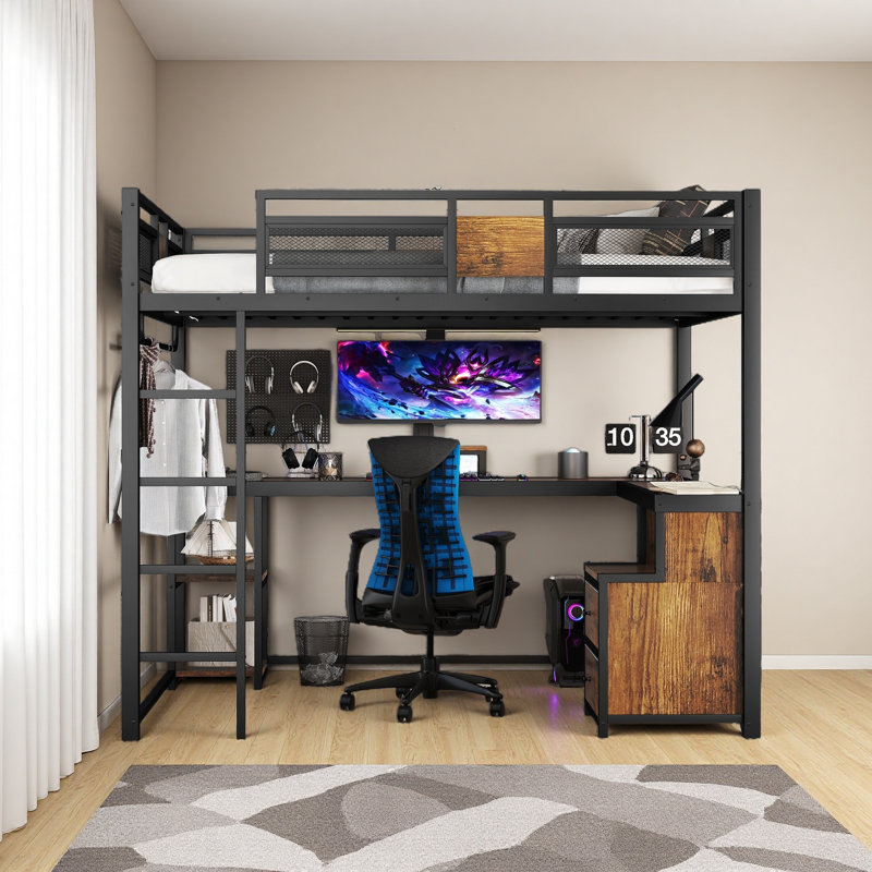 Grand lit mezzanine avec bureau et tiroirs de rangement en tissu non tissé, cadre de lit mezzanine en métal avec échelles, sans nosie et sans sommier