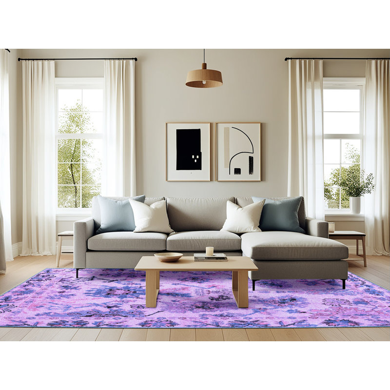 Tapis bleu en laine et polyester tissé à la machine à motif floral tissé à la machine 6 pi x 9 pi