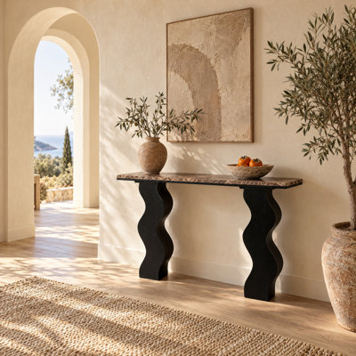 Console moderne en marbre de style Mid-Century, 120 cm de largeur, avec pattes ondulées en bois noir, table d'appoint.