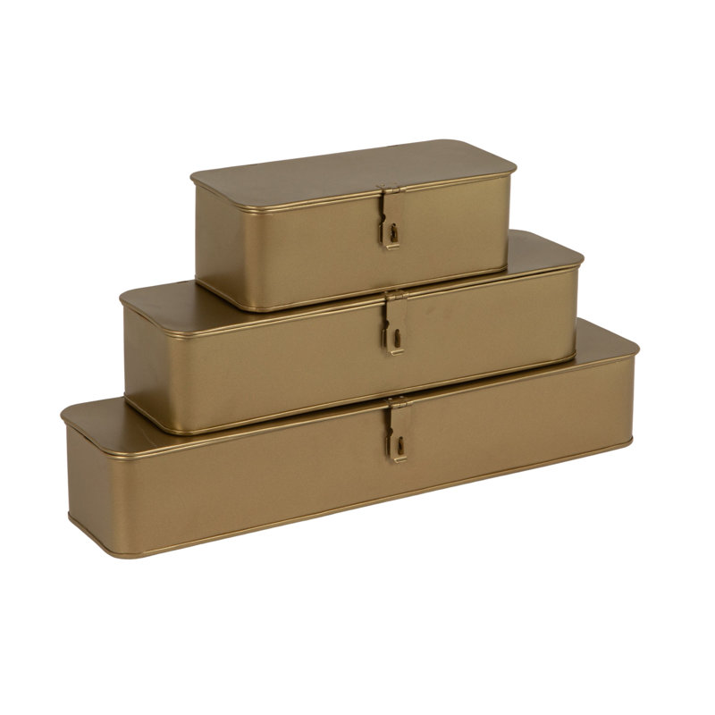 Boîtes décoratives longues en métal, 3 pièces, avec couvercle, fini doré et doublure en velours, Or