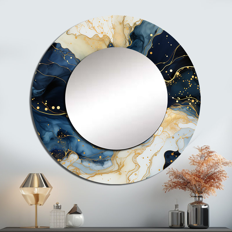 Motif de marbre Rylynn or et bleu céleste - grand miroir en marbre, miroir mural décoratif rond doré, impression d'art en métal
