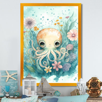 Mignon petit bébé pieuvre entouré de fleurs II - reproduction sur toile