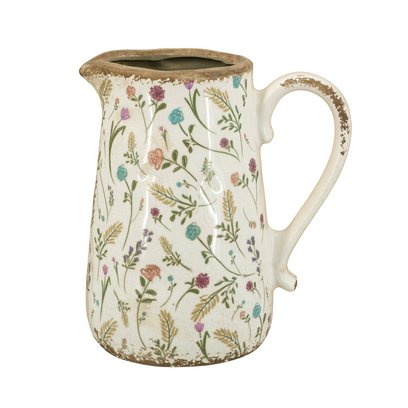 8X5.5X9" Round Ceramic Pitcher Vase With Multi-Colored Floral Motifs, 9”H x 8”W x 5.5”D