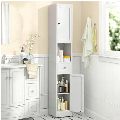 71 Inch Tall Bathroom Storage Cabinet, 5-Tier Narrow Metal Cabinet with 2 Doors & Adjustable Shelves, Freestanding Cabinet for Space Saving in Kitchen, Laundry Room, Pantry, White