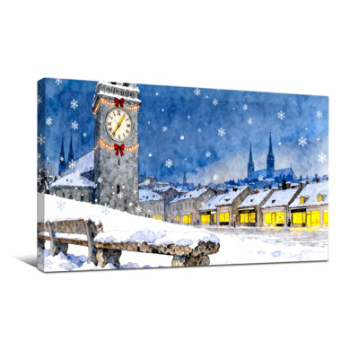 Christmas Snowy Town Clock Tower Christmas Scene