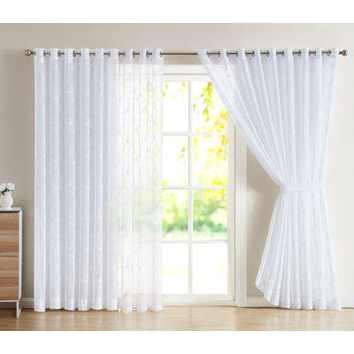Pair Of Extra Large Sheer Room Divider Curtains With Leaf Embroidery