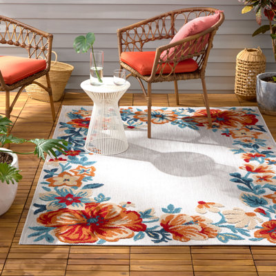 Tapis d'extérieur à motif floral moderne à bordure fleurie Hibiscus Town & Country Country EveryDay gris / rouge / bleu