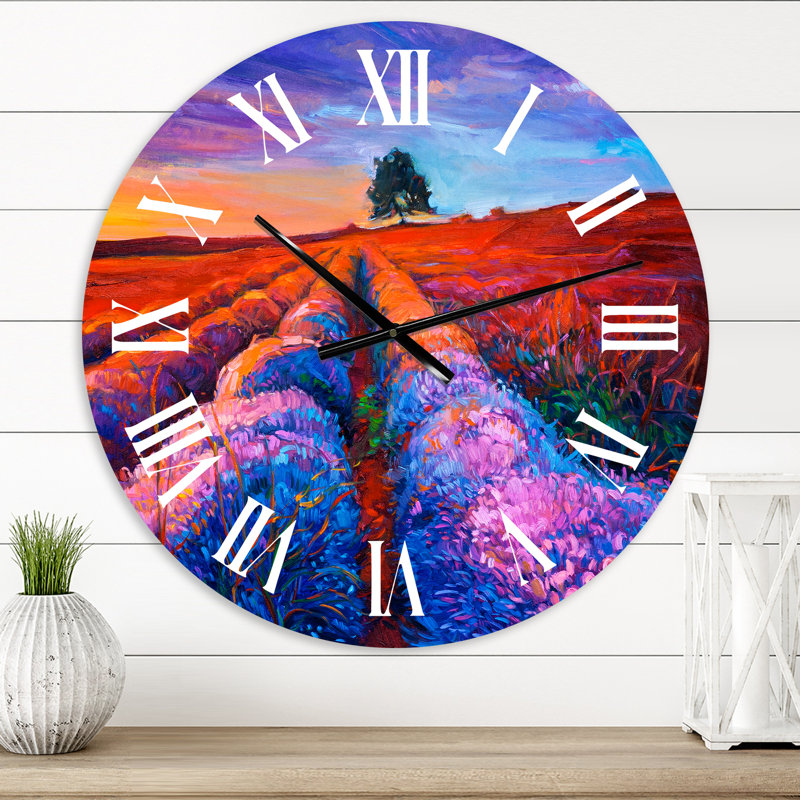 Lavande champs avec arbre lointain et soirée lueur - horloge murale de ferme, Petit