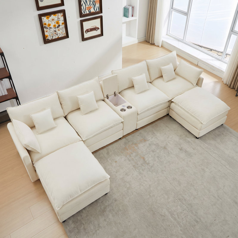 Canapé d'angle moderne en forme de U avec console de rangement, canapé en chenille pour salon familial, White