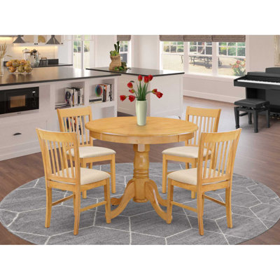 5 Piece Dining Table Set for 4 Includes a Round Kitchen Table with Pedestal and 4 Linen Fabric Dining Room Chairs, 36x36 Inch, Oak