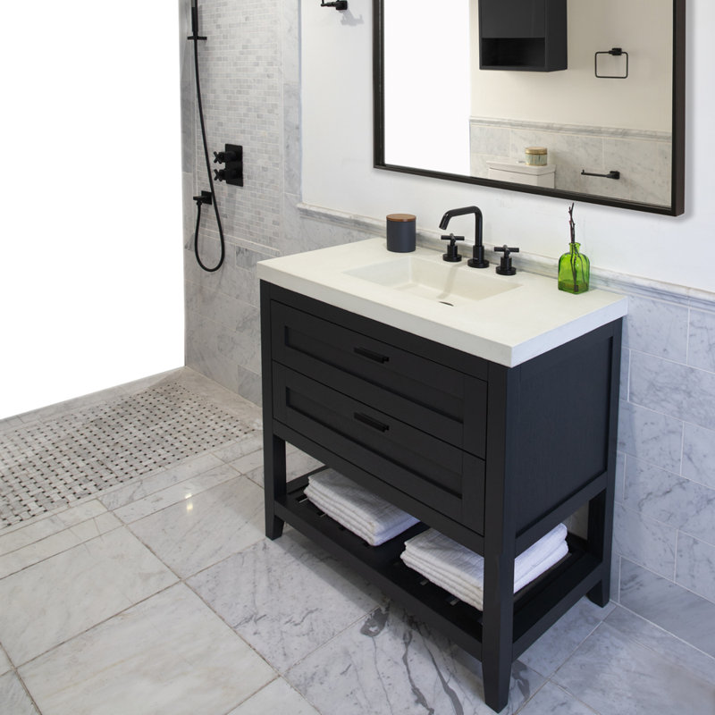 Newterra Concrete Handmade Rectangular Console Bathroom Sink, Charcoal, Single Hole