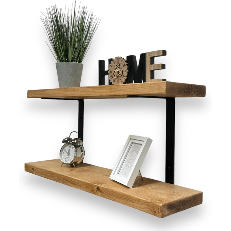Choudhary Double Rustic Shelves Wall-Mounted Brackets Kitchen Decor, 45cm H x 60cm W x 22cm D, Rustic Pinewood
