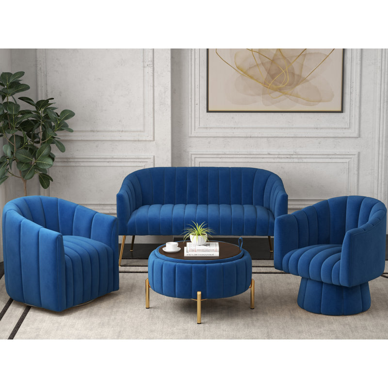 Ensemble de salon en velours 4 pièces Ingimoth, Velours bleu marine
