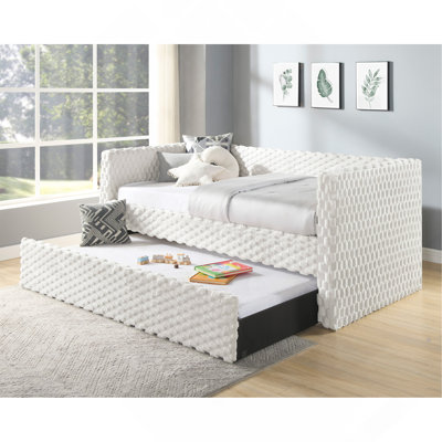 Beautiful 1pc Modern Daybed  Armrest Pull Out Trundle Bedroom Living Room Furniture Soft White Dove Textured Fabric Finish Furniture