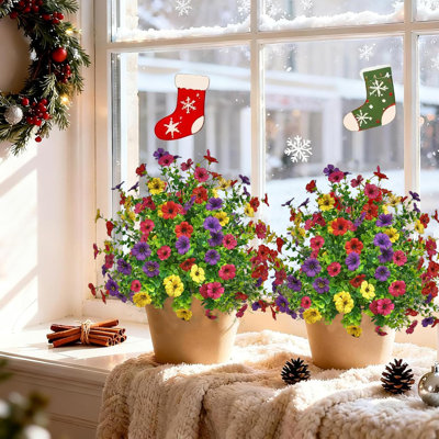 4pcs Artificial Flowers with Ground Spikes, 23in Height Faux Greenery Shrubs for Outdoor Christmas and Thanksgiving Decor, Farmhouse Garden Patio Porch Wedding Party Decoration