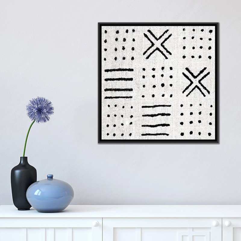 «Mudcloth White Geometric Design II», impression sur toile, Toile encadrée noire, Pas de tapis, H 18 po x l 18 po x P 1,5 po