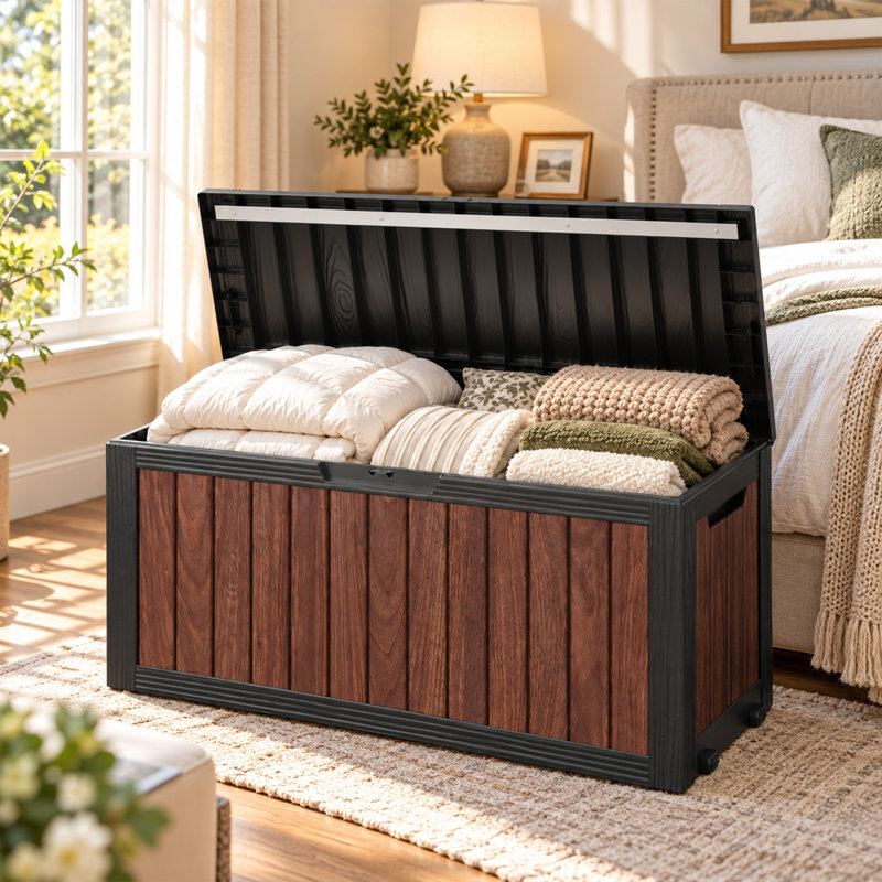 100 Gallon Weatherproof Walnut Deck Box with Wheels