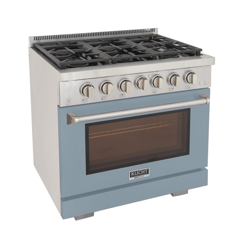 36 in. 5.2 cu. ft. Natural Gas Range and Convection Oven in Black with True Simmer Burners, Light Blue, Liquid Propane