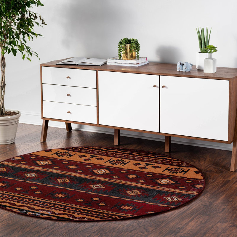 Geometric Red Area Rug, Round 7'10"