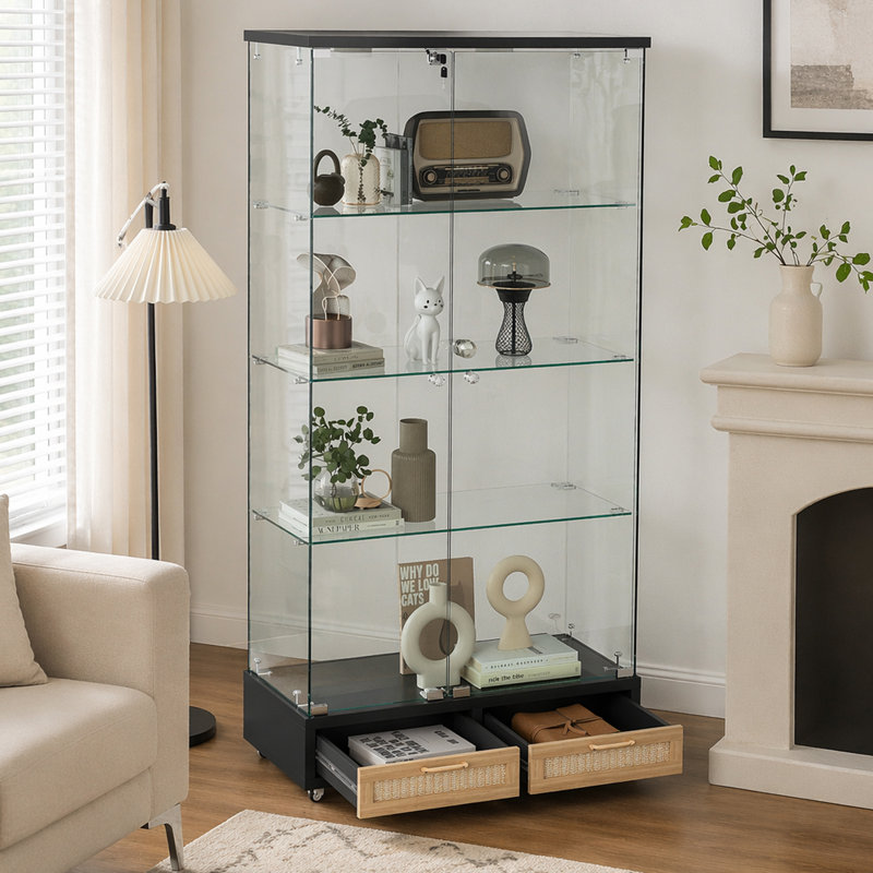 Vitrine moderne avec grands tiroirs, conception à assemblage rapide, lumières DEL, idéale pour divers espaces et objets de collection