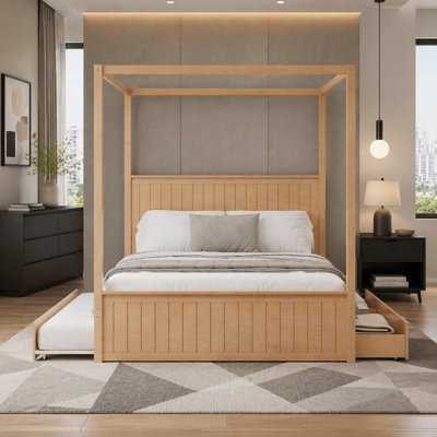 Canopy Platform Bed with Trundle and Three Storage Drawers,4-Post Solid Wood Bed Frame with Headboard