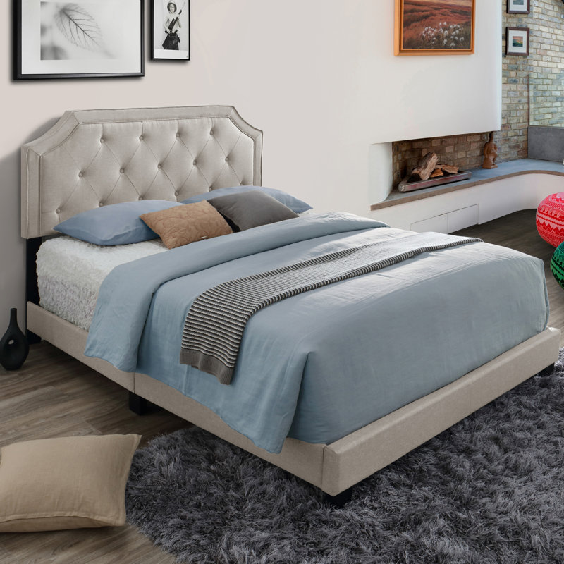 Upholstered Standard Bed, Beige Polyester