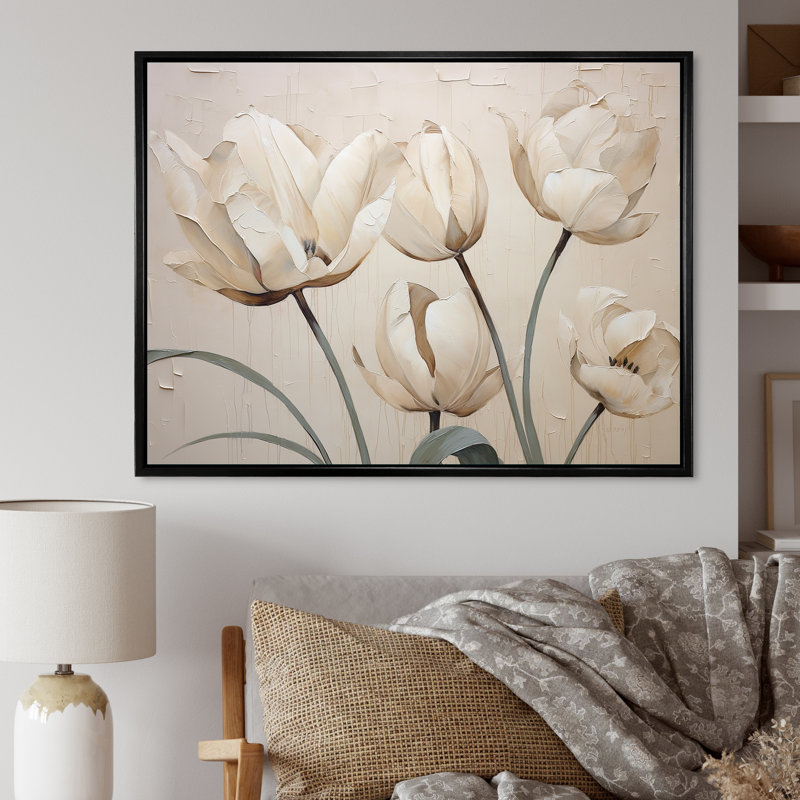 Minimalisme, tulipes blanches symphonie II sur toile, H 24 po x l 32 po x P 1 po, Cadre flottant noir