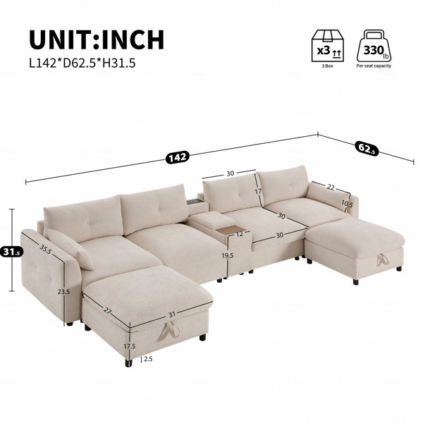 Hokku Designs 142'' Modular Sectional Sofa With Movable Storage Ottoman ...