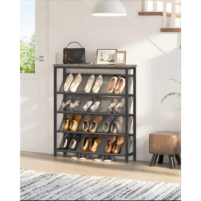 Shoe Rack, Slanted Shoe Storage Shelf, Narrow Shoe Rack For Entryway, Shoe Organizer With Adjustable Feet, Slim Shoe Shelf With Wooden Top And Metal Frame, 5-Tier, (Greige)