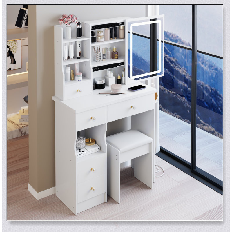 Compact Vanity Table With LED Mirror, Power Station, And Hair Dryer Bracket For Small Bedrooms And Limited Spaces
